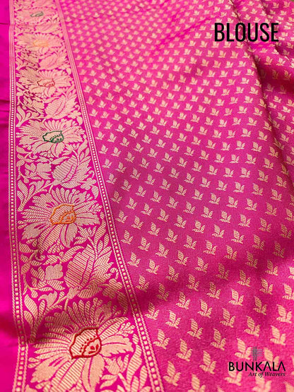 Bold and Beautiful Red Pure Katan Silk Handloom Kadwa Jangla Sona Rupa Meenakari Banarasi Saree with Pink Contrast Border