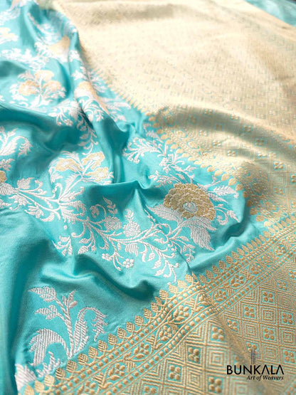 Traditional Splendor Sky Blue Pure Katan Silk Handloom Kadwa Jangla Sona Rupa Banarasi Saree