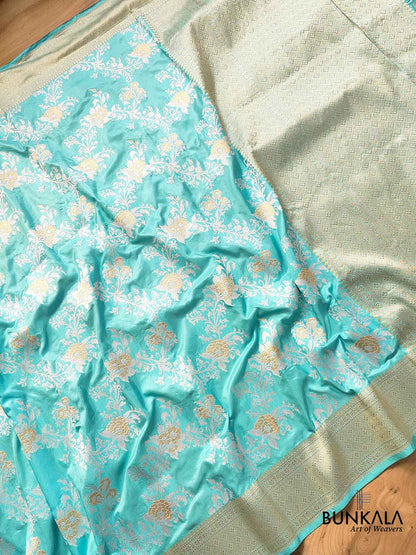 Traditional Splendor Sky Blue Pure Katan Silk Handloom Kadwa Jangla Sona Rupa Banarasi Saree