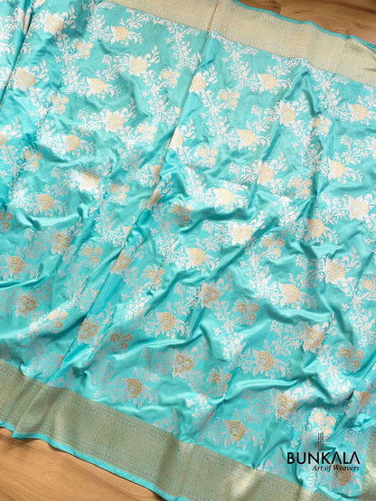Traditional Splendor Sky Blue Pure Katan Silk Handloom Kadwa Jangla Sona Rupa Banarasi Saree
