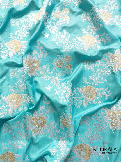 Traditional Splendor Sky Blue Pure Katan Silk Handloom Kadwa Jangla Sona Rupa Banarasi Saree