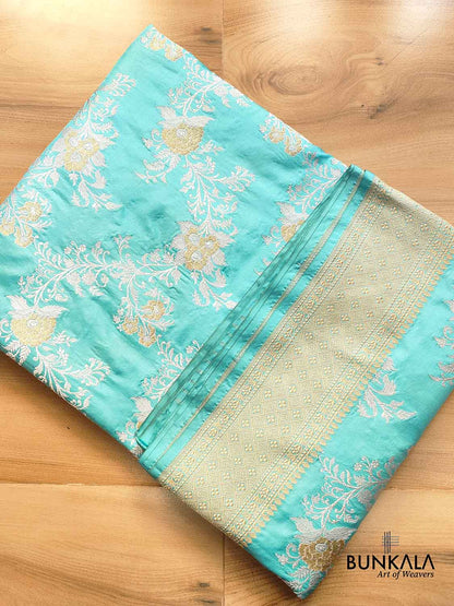 Traditional Splendor Sky Blue Pure Katan Silk Handloom Kadwa Jangla Sona Rupa Banarasi Saree