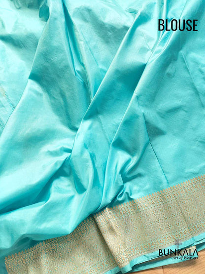 Traditional Splendor Sky Blue Pure Katan Silk Handloom Kadwa Jangla Sona Rupa Banarasi Saree