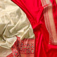 Classic Pastel Green Pure Katan Silk Handloom Allover Sona Rupa Buti Banarasi Saree with Contrast Meenakari Red Border