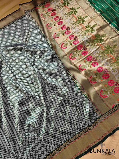 Exquisite Bottle Green Pure Katan Silk Handloom Sona Rupa Banarasi Saree with Meenakari Pallu