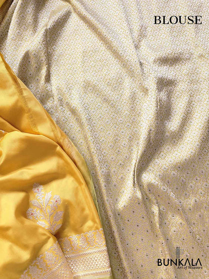 Enchanting Light Yellow Pure Katan Silk Handloom Silver Zari Meena Buta Banarasi Saree