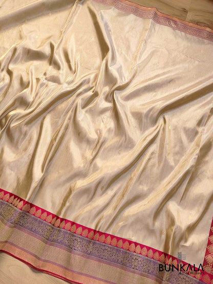 Stunning Handcrafted Beige Golden Pure Tissue Katan Silk Allover Small Buti Banarasi Saree with Contrast Border