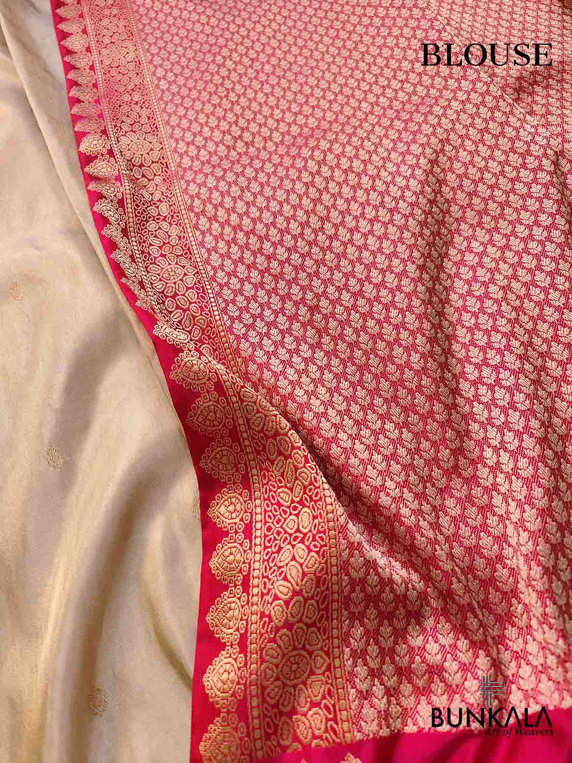 TBK23032504 Beige Golden Pure Tissue Katan Silk Handloom Allover Small Buti Banarasi Saree with Contrast Border 4