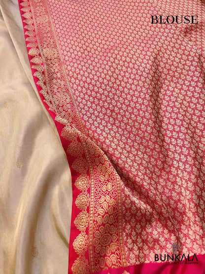 Stunning Handcrafted Beige Golden Pure Tissue Katan Silk Allover Small Buti Banarasi Saree with Contrast Border