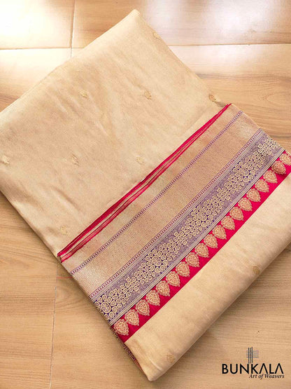 Stunning Handcrafted Beige Golden Pure Tissue Katan Silk Allover Small Buti Banarasi Saree with Contrast Border