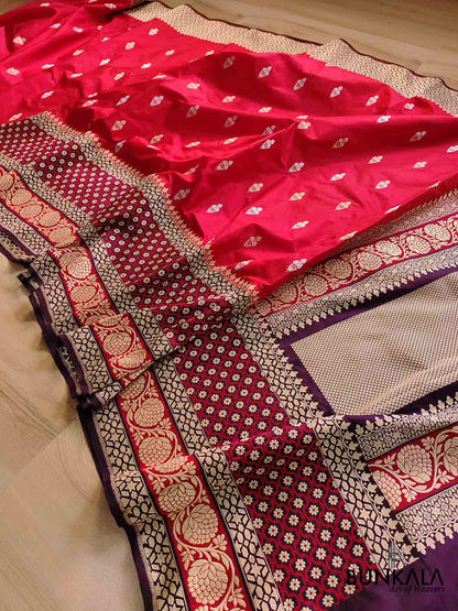 Traditional Red Pure Katan Silk Handloom Allover Sona Rupa Buti Banarasi Saree with Big Border