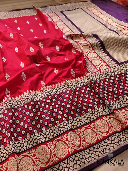 Traditional Red Pure Katan Silk Handloom Allover Sona Rupa Buti Banarasi Saree with Big Border