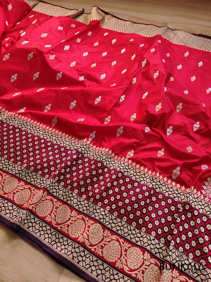 Traditional Red Pure Katan Silk Handloom Allover Sona Rupa Buti Banarasi Saree with Big Border