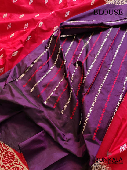 Traditional Red Pure Katan Silk Handloom Allover Sona Rupa Buti Banarasi Saree with Big Border