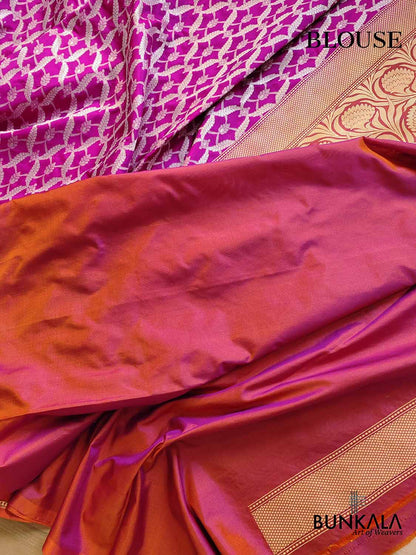 Intricately Woven Purple Pure Katan Silk Handloom Silver Zari Geometric Jaal Banarasi Saree with Meenakari Kadwa Border