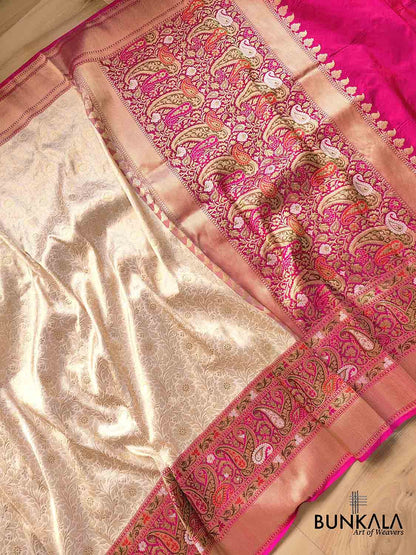 Exquisite Craftsmanship Off White Pure Katan Silk Handloom Brocade Banarasi Saree with Meenakari Border and Pallu