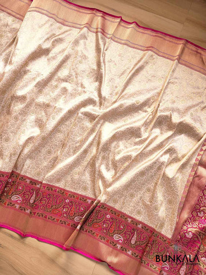 Exquisite Craftsmanship Off White Pure Katan Silk Handloom Brocade Banarasi Saree with Meenakari Border and Pallu