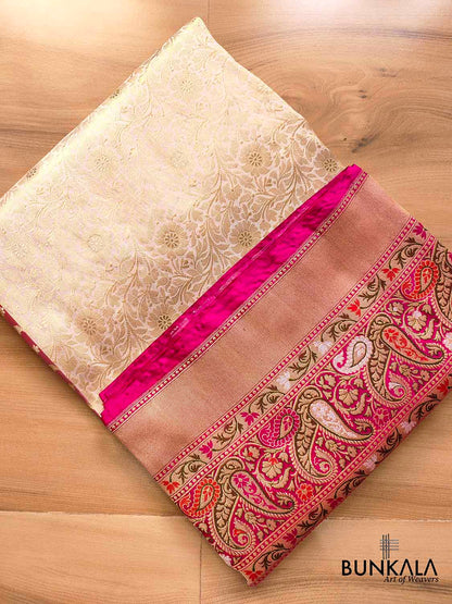 Exquisite Craftsmanship Off White Pure Katan Silk Handloom Brocade Banarasi Saree with Meenakari Border and Pallu