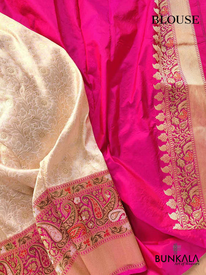 Exquisite Craftsmanship Off White Pure Katan Silk Handloom Brocade Banarasi Saree with Meenakari Border and Pallu