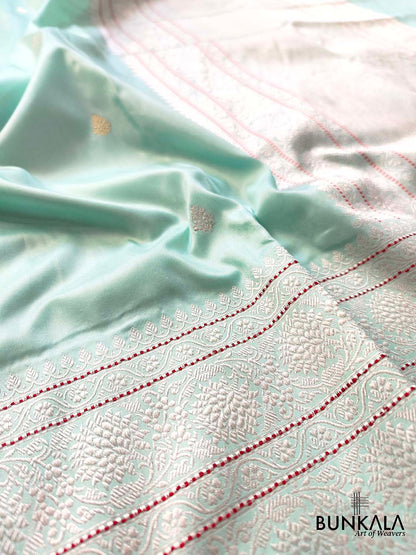 Ethereal Beauty Light Blue Pure Katan Silk Handloom Sona Rupa Allover Small Buti Banarasi Saree with Silver Zari Border and Pallu