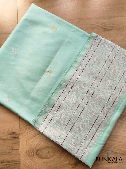 Ethereal Beauty Light Blue Pure Katan Silk Handloom Sona Rupa Allover Small Buti Banarasi Saree with Silver Zari Border and Pallu