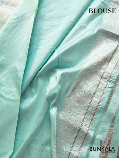 Ethereal Beauty Light Blue Pure Katan Silk Handloom Sona Rupa Allover Small Buti Banarasi Saree with Silver Zari Border and Pallu