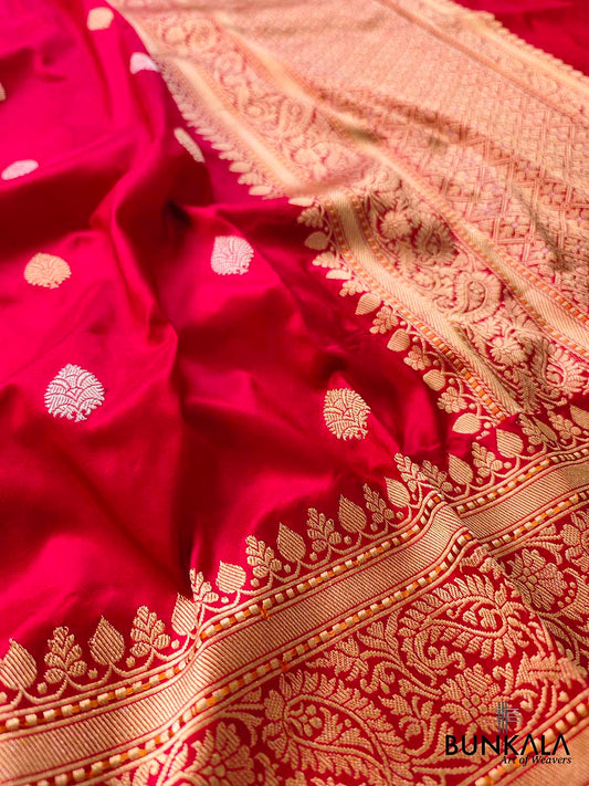 Bold Beauty Red Pure Katan Silk Handloom Sona Rupa Allover Small Buti Banarasi Saree