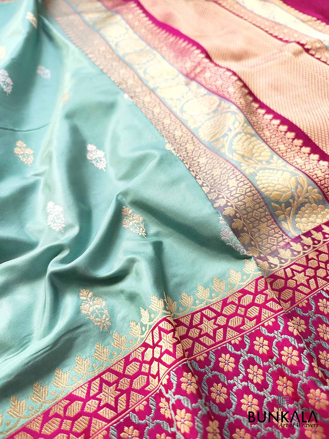 A Touch of Royalty Light Blue Pure Katan Silk Handloom Sona Rupa Allover Small Buti Banarasi Saree with Meenakari Border
