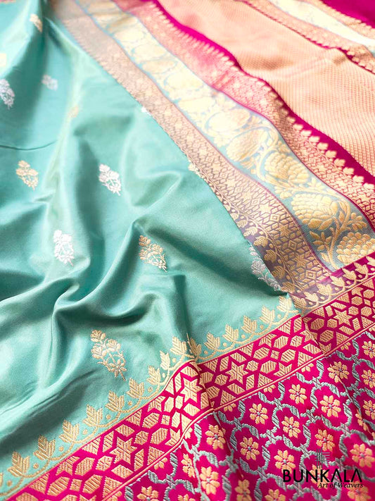 A Touch of Royalty Light Blue Pure Katan Silk Handloom Sona Rupa Allover Small Buti Banarasi Saree with Meenakari Border