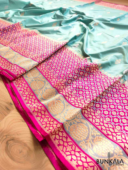 A Touch of Royalty Light Blue Pure Katan Silk Handloom Sona Rupa Allover Small Buti Banarasi Saree with Meenakari Border