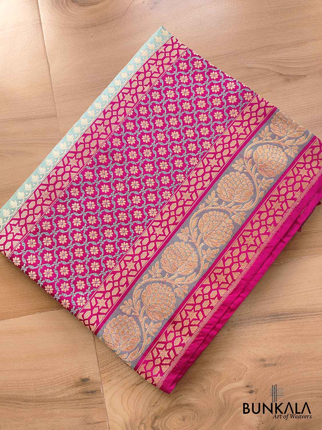 A Touch of Royalty Light Blue Pure Katan Silk Handloom Sona Rupa Allover Small Buti Banarasi Saree with Meenakari Border