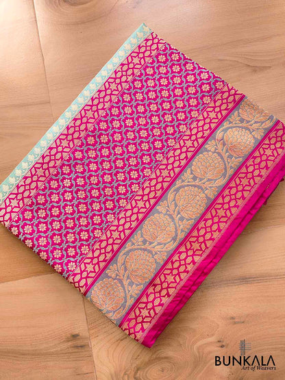 A Touch of Royalty Light Blue Pure Katan Silk Handloom Sona Rupa Allover Small Buti Banarasi Saree with Meenakari Border