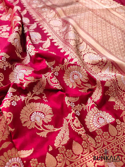 Bridal Bliss Maroon Pure Katan Silk Handloom Sona Rupa Kadwa Jangla Banarasi Saree