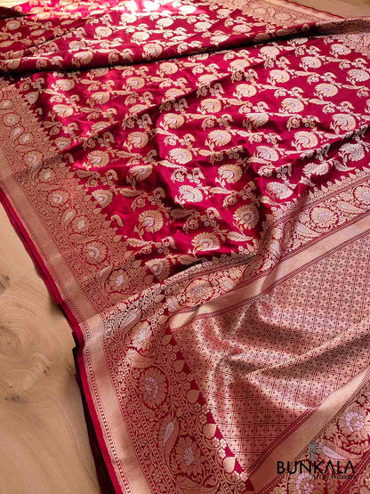 Bridal Bliss Maroon Pure Katan Silk Handloom Sona Rupa Kadwa Jangla Banarasi Saree