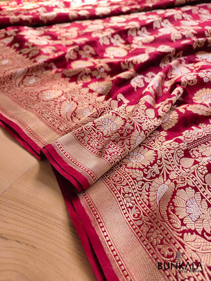 Bridal Bliss Maroon Pure Katan Silk Handloom Sona Rupa Kadwa Jangla Banarasi Saree