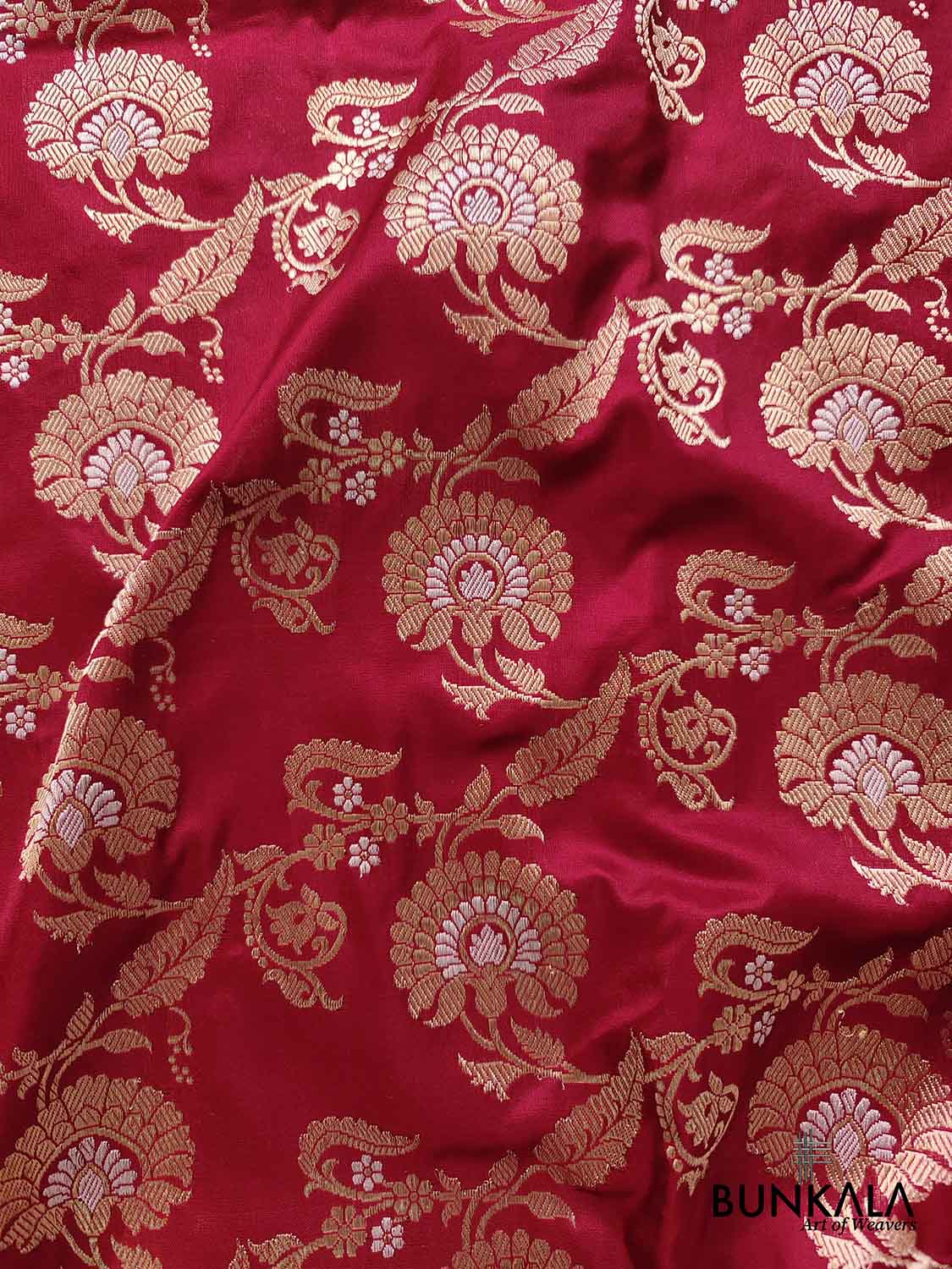Bridal Bliss Maroon Pure Katan Silk Handloom Sona Rupa Kadwa Jangla Banarasi Saree