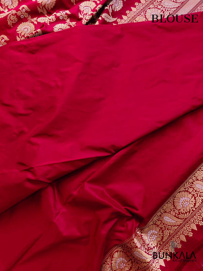 Bridal Bliss Maroon Pure Katan Silk Handloom Sona Rupa Kadwa Jangla Banarasi Saree