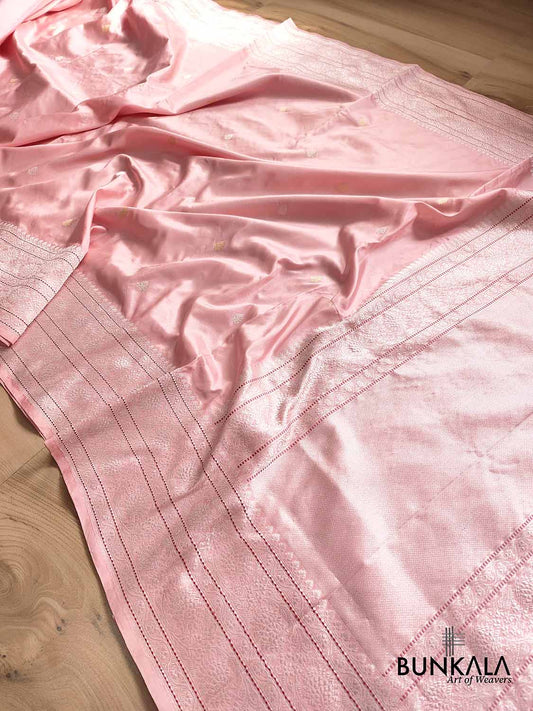 Classic Baby Pink Pure Katan Silk Handloom Allover Sona Rupa Small Kadwa Buti Banarasi Saree