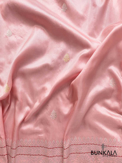 Classic Baby Pink Pure Katan Silk Handloom Allover Sona Rupa Small Kadwa Buti Banarasi Saree