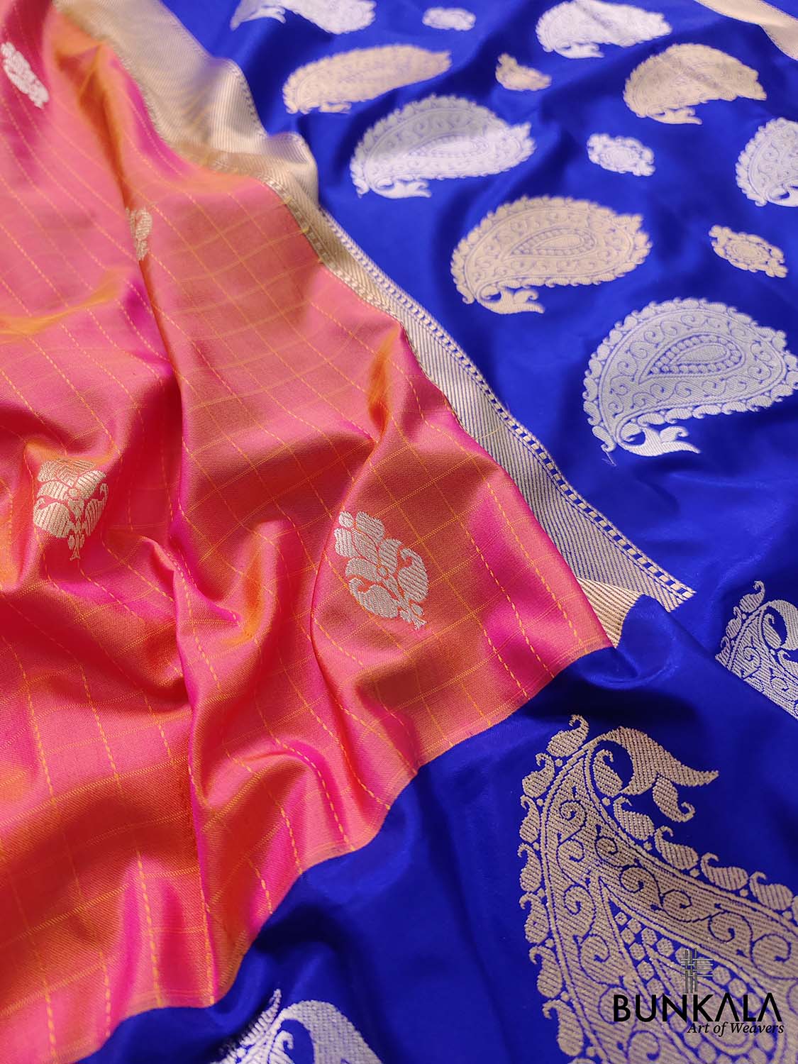 Vibrant Pink Shot Color Pure Katan Silk Handloom Checks Design Allover Buti Banarasi Saree with Blue Contrast Border