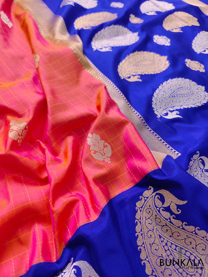 Vibrant Pink Shot Color Pure Katan Silk Handloom Checks Design Allover Buti Banarasi Saree with Blue Contrast Border