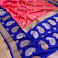 Vibrant Pink Shot Color Pure Katan Silk Handloom Checks Design Allover Buti Banarasi Saree with Blue Contrast Border