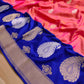 Vibrant Pink Shot Color Pure Katan Silk Handloom Checks Design Allover Buti Banarasi Saree with Blue Contrast Border