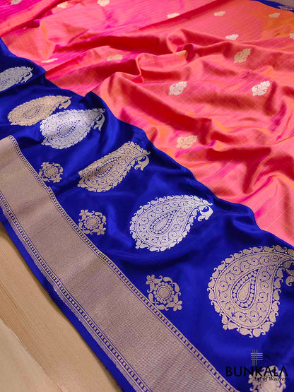 Vibrant Pink Shot Color Pure Katan Silk Handloom Checks Design Allover Buti Banarasi Saree with Blue Contrast Border