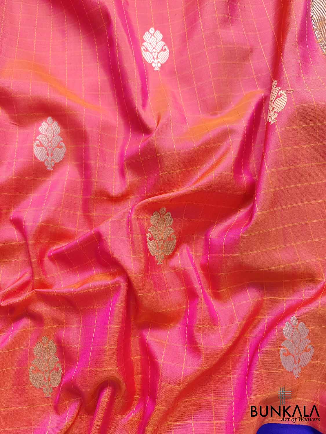 Vibrant Pink Shot Color Pure Katan Silk Handloom Checks Design Allover Buti Banarasi Saree with Blue Contrast Border