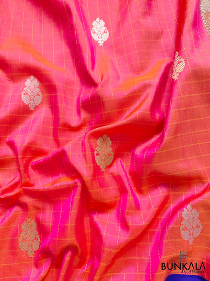 Vibrant Pink Shot Color Pure Katan Silk Handloom Checks Design Allover Buti Banarasi Saree with Blue Contrast Border