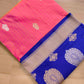 Vibrant Pink Shot Color Pure Katan Silk Handloom Checks Design Allover Buti Banarasi Saree with Blue Contrast Border