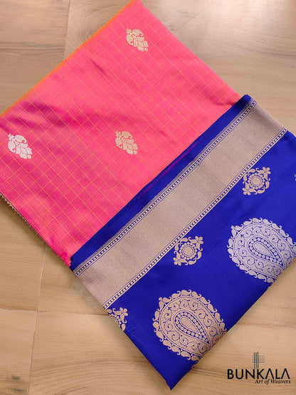 Vibrant Pink Shot Color Pure Katan Silk Handloom Checks Design Allover Buti Banarasi Saree with Blue Contrast Border