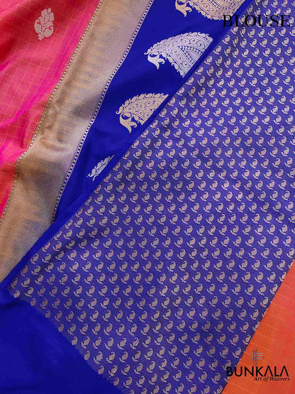 Vibrant Pink Shot Color Pure Katan Silk Handloom Checks Design Allover Buti Banarasi Saree with Blue Contrast Border
