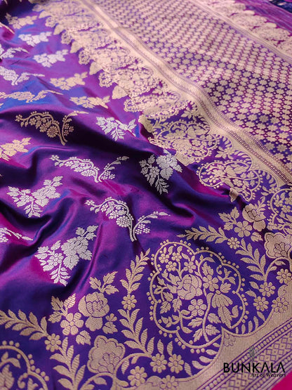 Luxurious Purple Pure Katan Silk Handloom Kadwa Weaved Gold and Silver Zari Floral Design Banarasi Saree